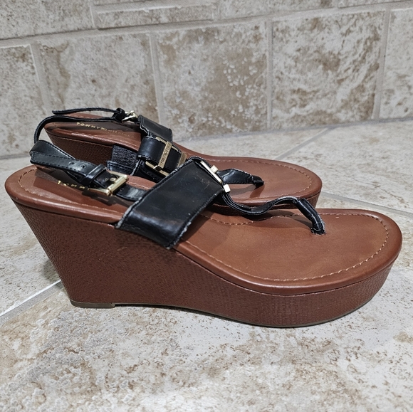 Tommy Hilfiger Women’s 8M Black Leather Wedge Sandals Brown Platform Heels Y2K - Picture 2 of 8
